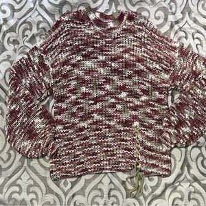 POL Red, Green, Pink, and Cream Knit Sweater, open keyhole back, NWOT L